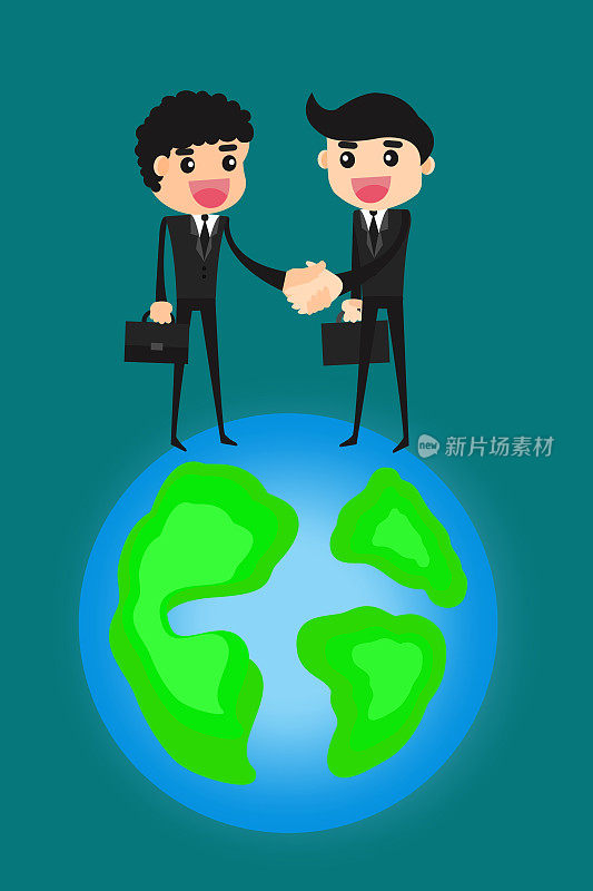 全球合作。商人们在全球握手。概念商业插画设计。