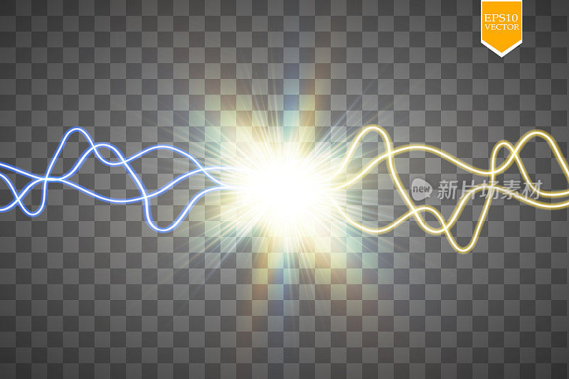 两种力量的碰撞与金色和蓝色的光。矢量插图。热和冷闪闪发光的力量。带有火花的灯光效果