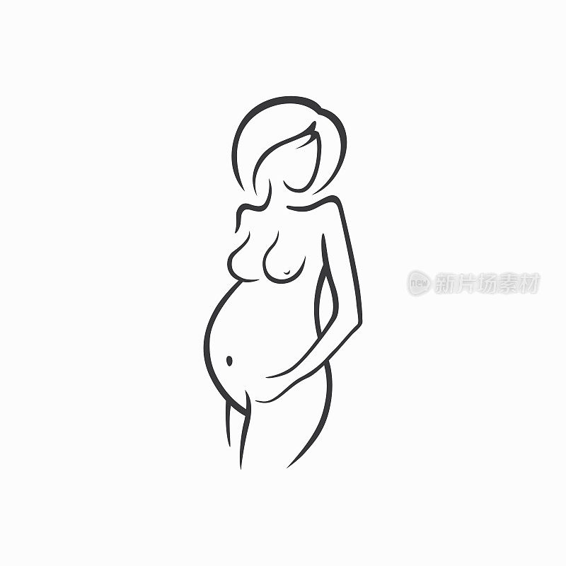画着线条优美的孕妇穿着深色衣服。一个孩子的出生。矢量图形说明，绘制黑白轮廓进行设计