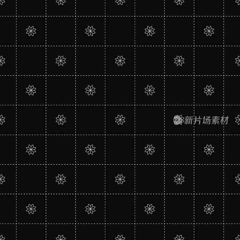 白花在Dash象棋棋盘日本无缝在黑色的背景。矢量图
