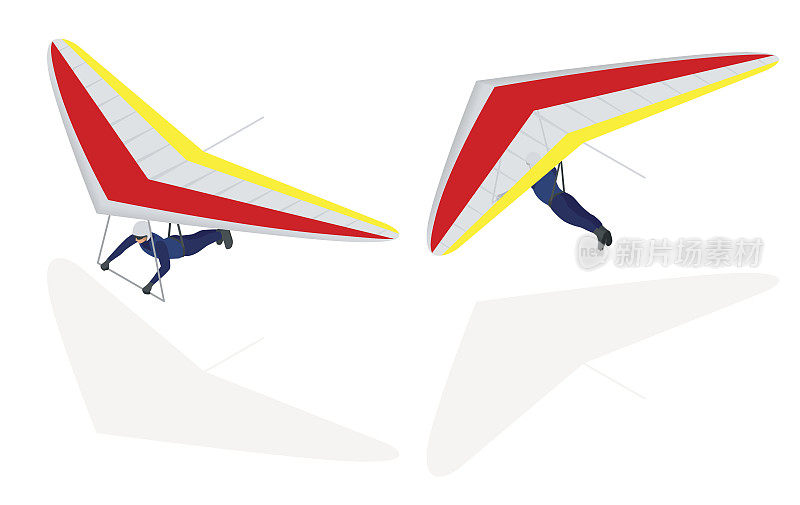 等距悬挂式滑翔机在机翼下的一个吊带上翱翔，孤立于白色之上。
