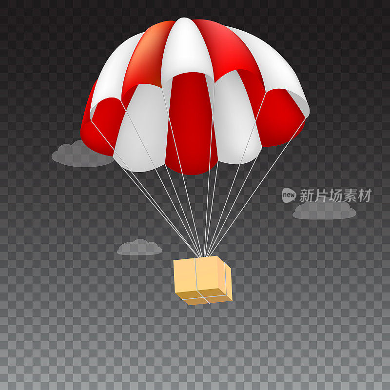 红色降落伞上的包裹在云的背景上飞行的图标。空运，送货服务模板，3D插图。孤立在透明背景下