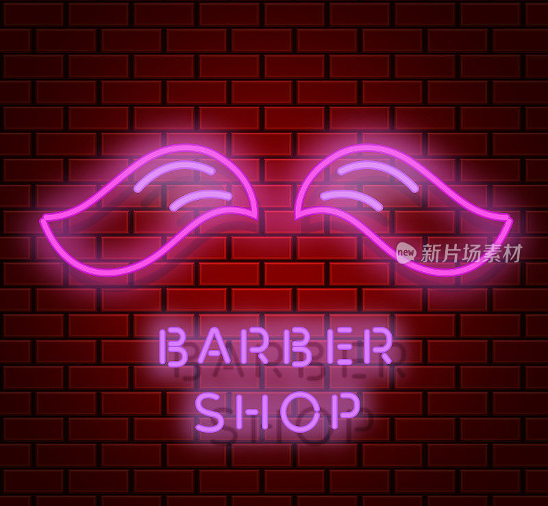 小胡子潮人霓虹剪影孤立图标，理发店电光背景与发廊招牌，矢量插图