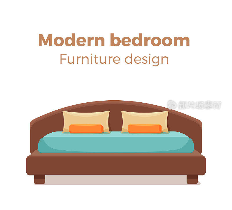 单张彩色的床，有枕头和毯子。向量图标现代卧室设计元素。卡通风格家具酒店，家庭，商店，广告，横幅，前景