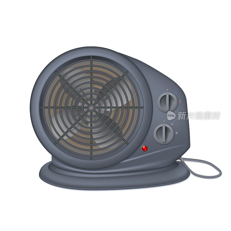 黑色电加热器，带风扇，散热器，用于空间加热。家用电线加热器的图标。孤立在白色背景，3D插图