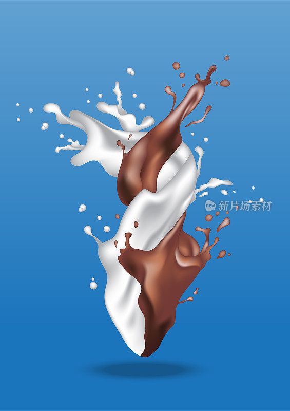 牛奶巧克力包装的现实模板。牛奶可可孤立飞溅混合。牛奶滴。
