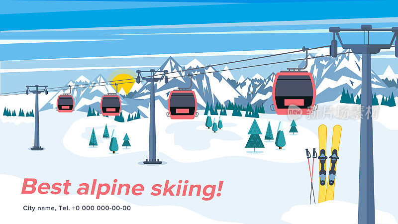 色彩缤纷的高山滑雪胜地背景插图。冬季高山景观中带有升降机或吊篮的明亮布局。