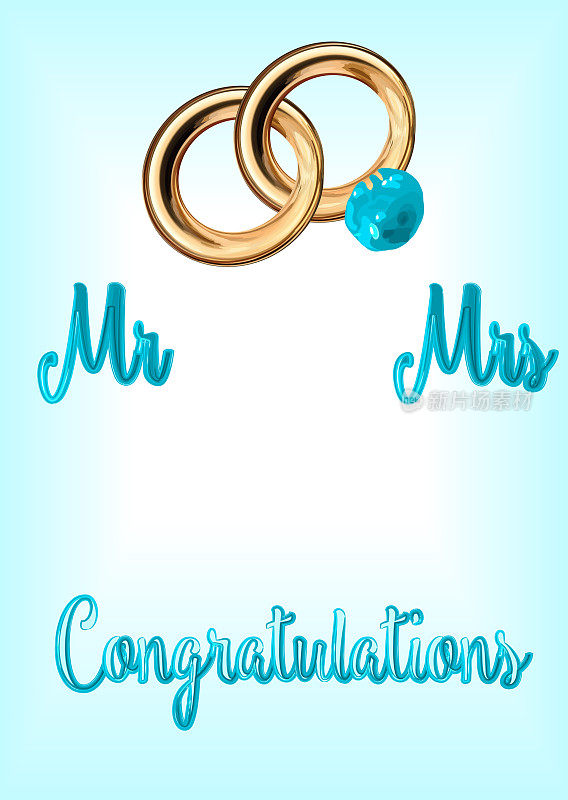 矢量铭文蓝色背景上的蓝色字母祝贺，一对蓝宝石结婚戒指和铭文先生和夫人。