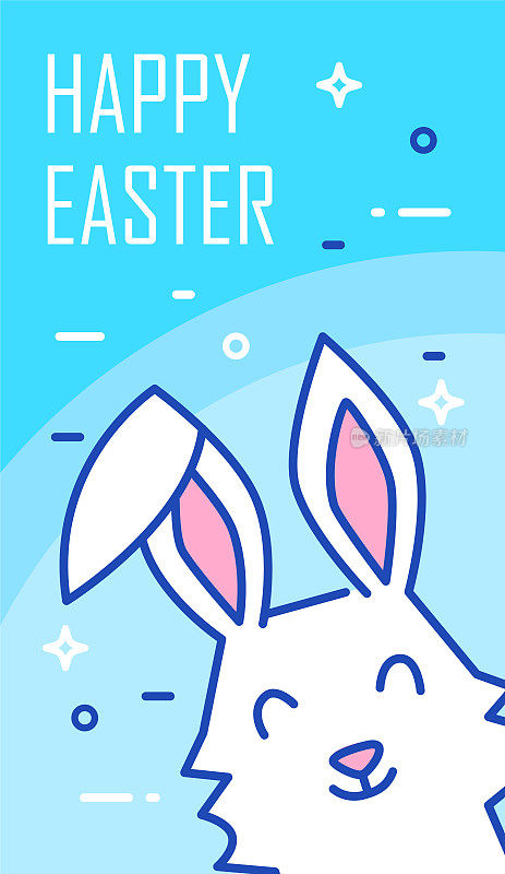复活节快乐的旗帜与兔子在蓝色的背景。细线平面设计。向量贺卡。