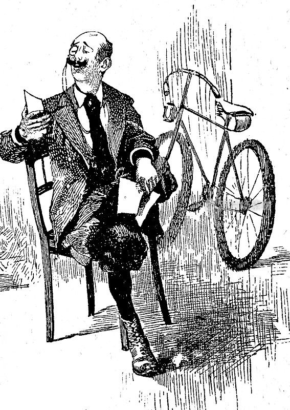 老秃顶的男人坐在椅子上，以自行车的方式把自行车放在一边读一封信