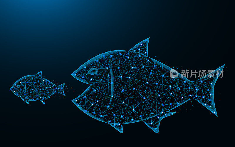 大鱼吃小鱼低多边形设计，捕食者和猎物抽象几何图像，水下世界线框网格多边形矢量插图由点和线在深蓝色背景