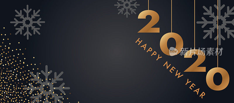 2020年新年快乐金色和黑色贺卡横幅模板。闪亮的金色