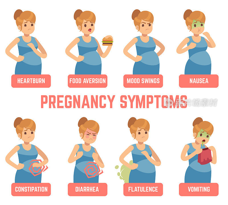 怀孕的症状。早期症状孕妇改变食欲、胃灼热、呕吐腹泻、便秘、情绪波动。平面向量组