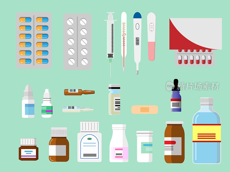 药品、注射器、发热温度计、验孕棒及各种药瓶。医疗保健和药学概念。矢量图