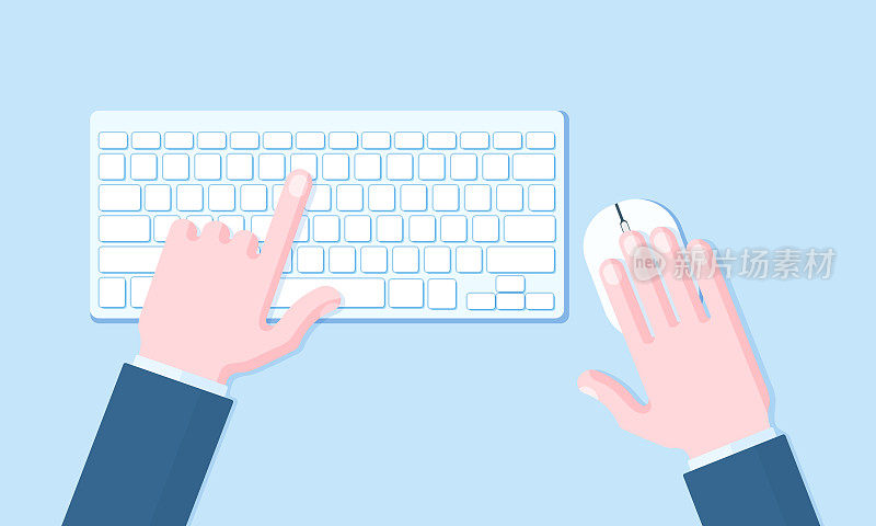 计算机键盘和鼠标与用户的手平面矢量插图