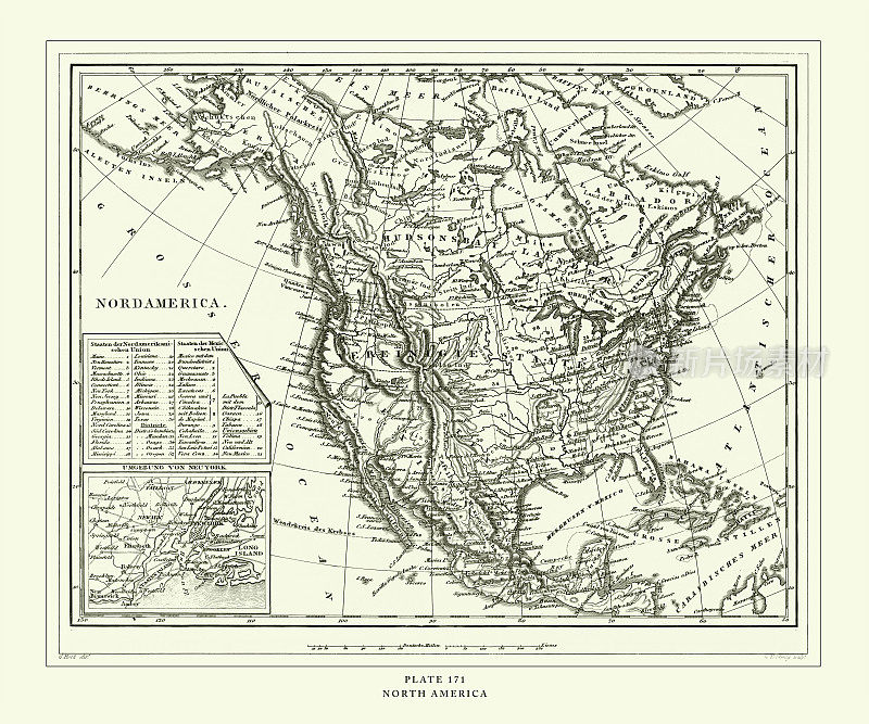 雕刻古董，北美古董地图雕刻古董插图，1851年出版