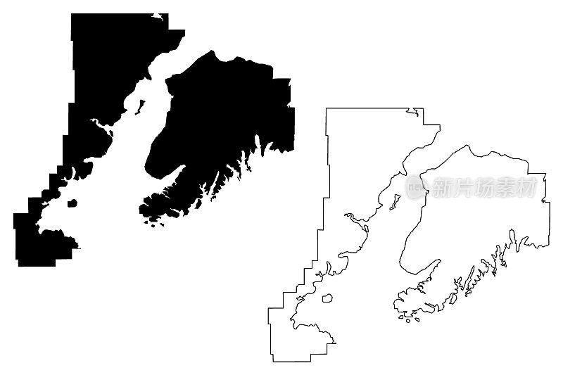 阿拉斯加州基奈半岛自治市(美国阿拉斯加州自治市和人口普查区，美国，美国)地图矢量插图，草稿基奈地图