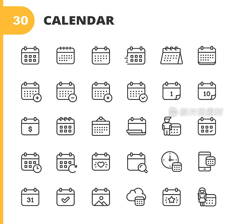 日历图标。可编辑的中风。像素完美。移动和网络。包含日历，约会，假日，时钟，时间，最后期限等图标。
