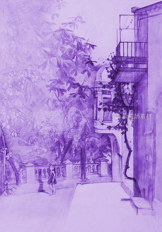 时尚的夏季插画现代艺术作品寓言象征性的垂直城市景观铅笔在纸上的建筑和一个女孩走在栗树的大道上对着紫色的傍晚天空