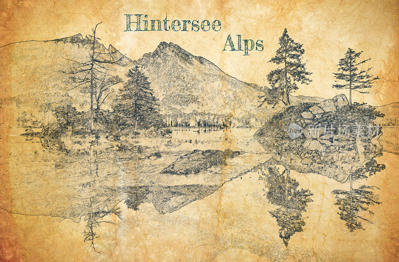 德国阿尔卑斯山腹地湖的素描在旧纸上