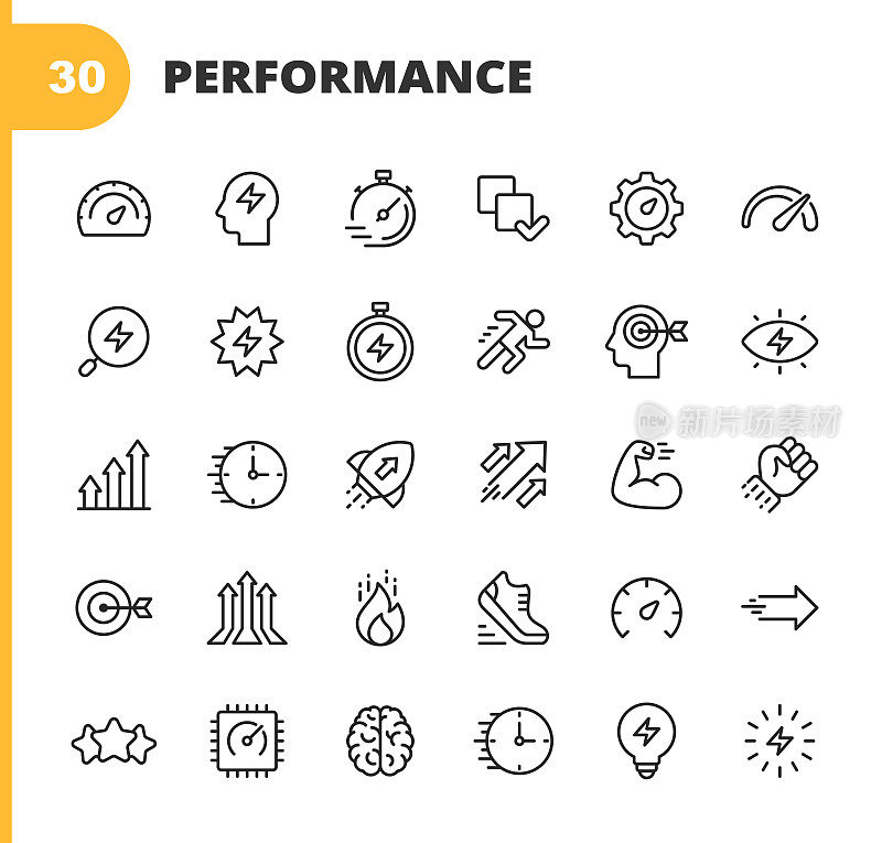 性能行图标。可编辑的中风。像素完美。移动和网络。包含如性能，增长，反馈，跑步，速度计，权威，成功，大脑，肌肉，火箭，启动，改进，跑步，目标，速度，评级等图标。