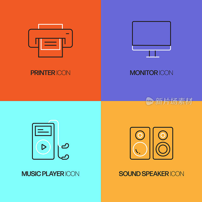电子设备相关的矢量细线图标。轮廓符号集合