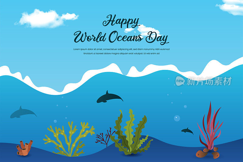 世界海洋日。水下景观背景与轮廓的海豚。水下背景矢量图