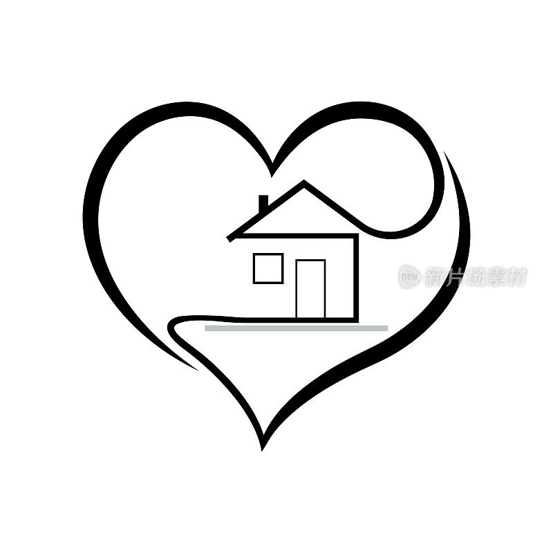 心脏和房子的标志。概念——家是我的爱。标志或图标在一个房子和一个心的线性绘图的形式。
