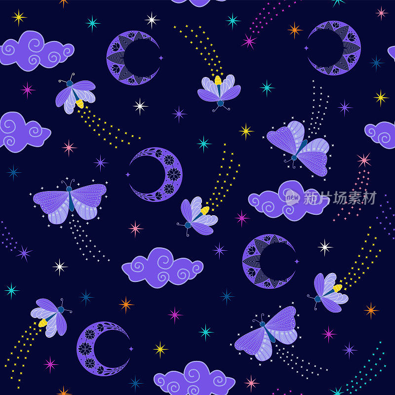 夜空的无缝图案。繁星点点的夜空，有月亮、新月、云彩、蓝蝴蝶、萤火虫、星星。