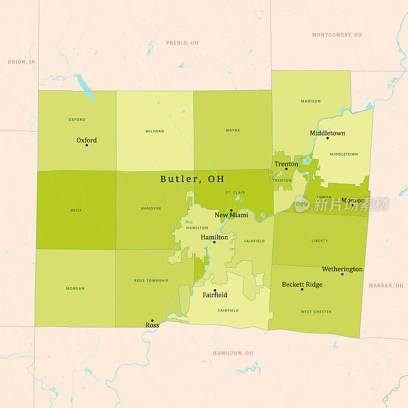 哦，巴特勒县矢量地图绿色