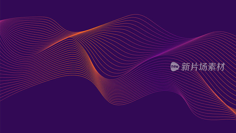 深蓝色抽象背景上的动态紫色粒子波。抽象声音可视化。发光粒子波流的数字结构。