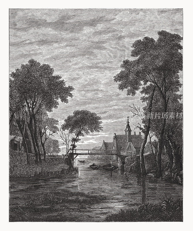 有木码头的运河，由范德尼尔绘制