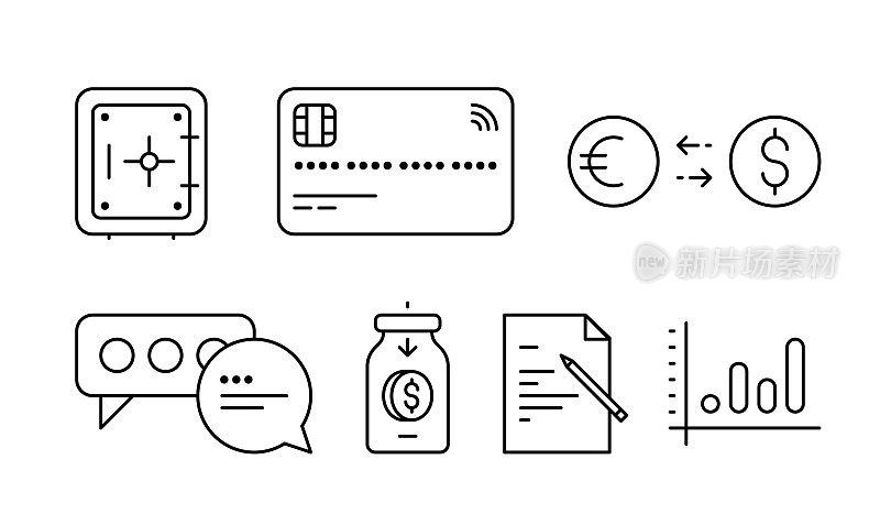 银行矢量轮廓图标集。金库，信用卡，兑换，统计，储蓄，支持，合同。