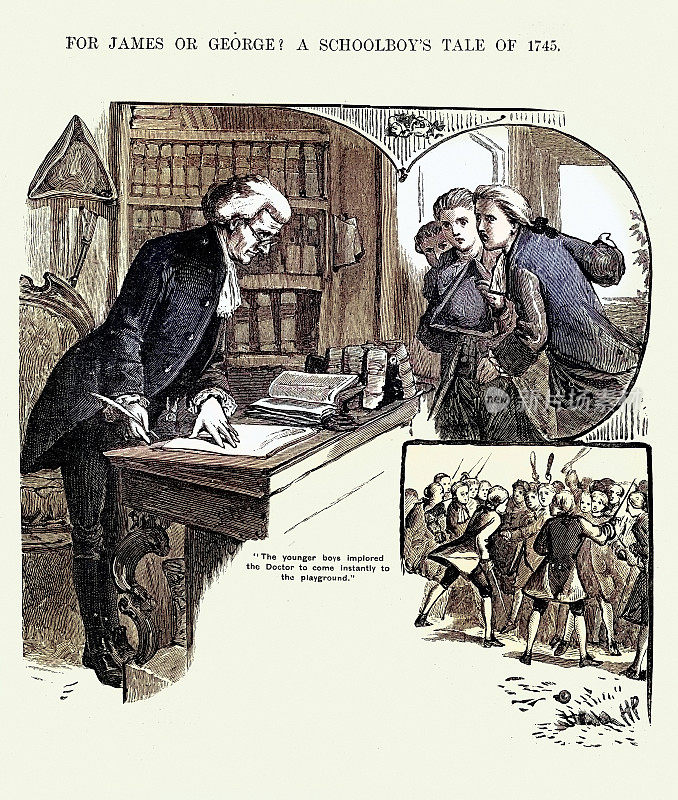 复古插图《教育史》，18世纪英国学校校长和他的学生