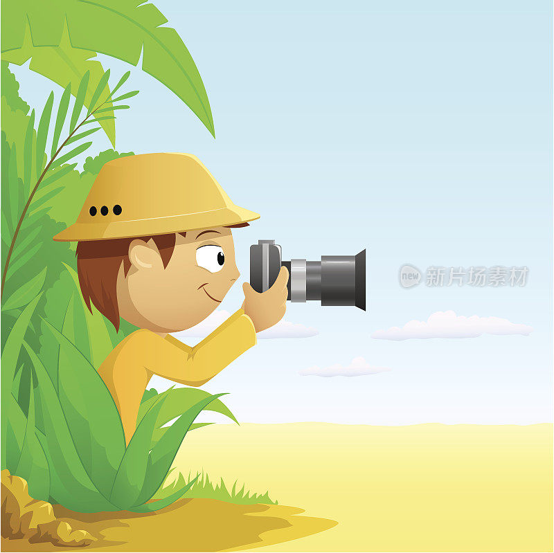 摄影师卡通猎人在雨林和沙漠