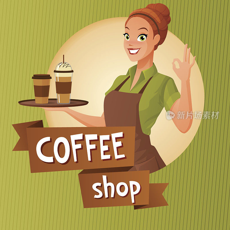 咖啡师女服务员的咖啡显示ok的标志。矢量插图。