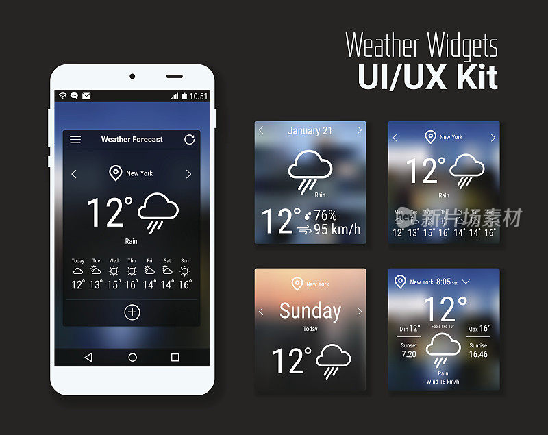 天气小工具UI和UX模糊工具包