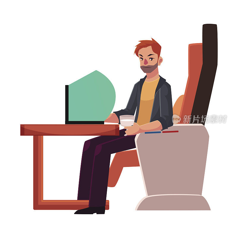 一个未刮胡子的年轻男子在商务舱的座位上用笔记本电脑工作