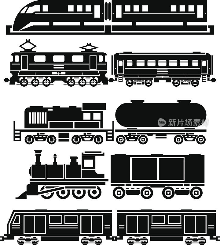 火车，空中火车，地铁矢量图标集。乘客和公共