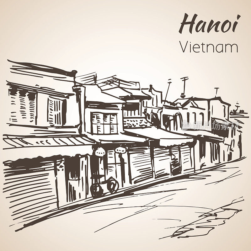 河内的典型街景。越南。草图。