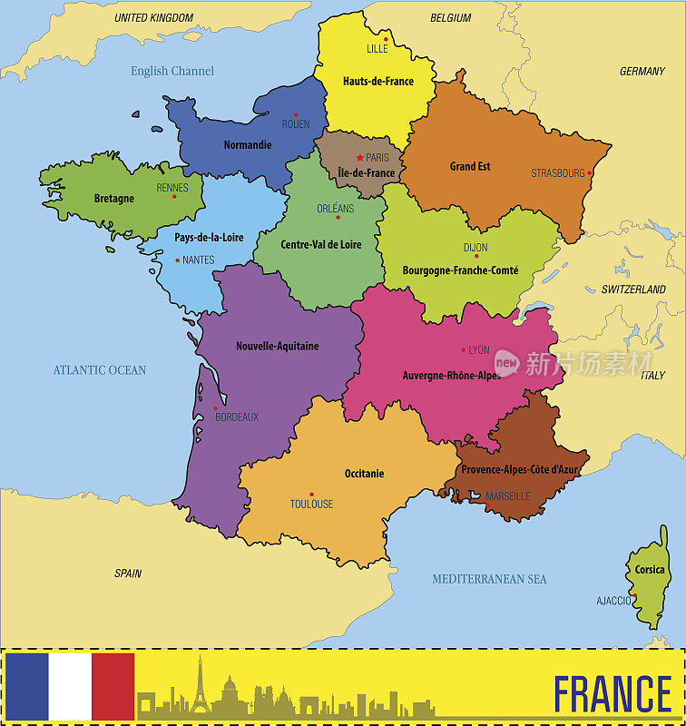法国地图上有地区和它们的首都