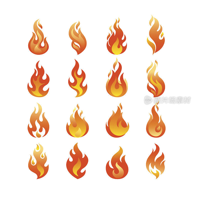 红色燃烧的火焰图标集设计矢量模板。燃烧火球概念图标包。热地狱插图。篝火创造性的集合。