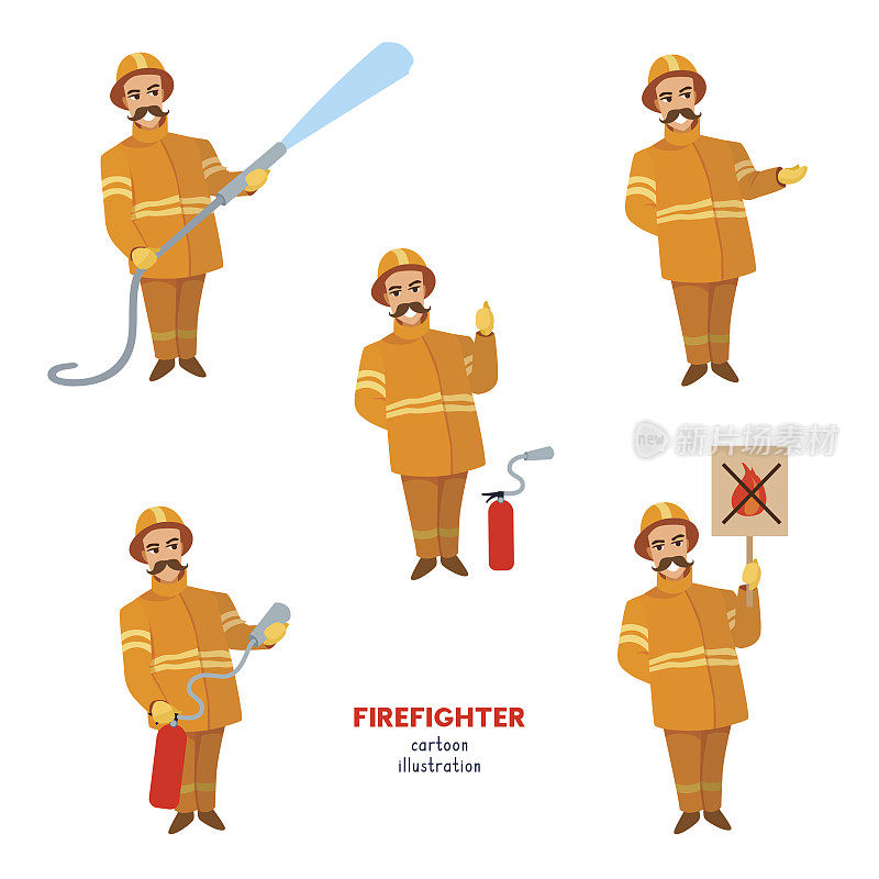 一套消防员卡通人物配灭火器，消防水龙带，消防海报。