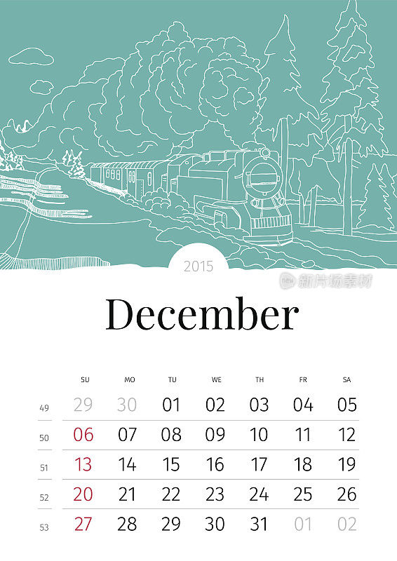 12月。手绘日历。2015