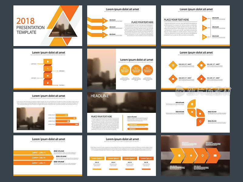 橙色抽象演示模板，信息图形元素模板平面设计集