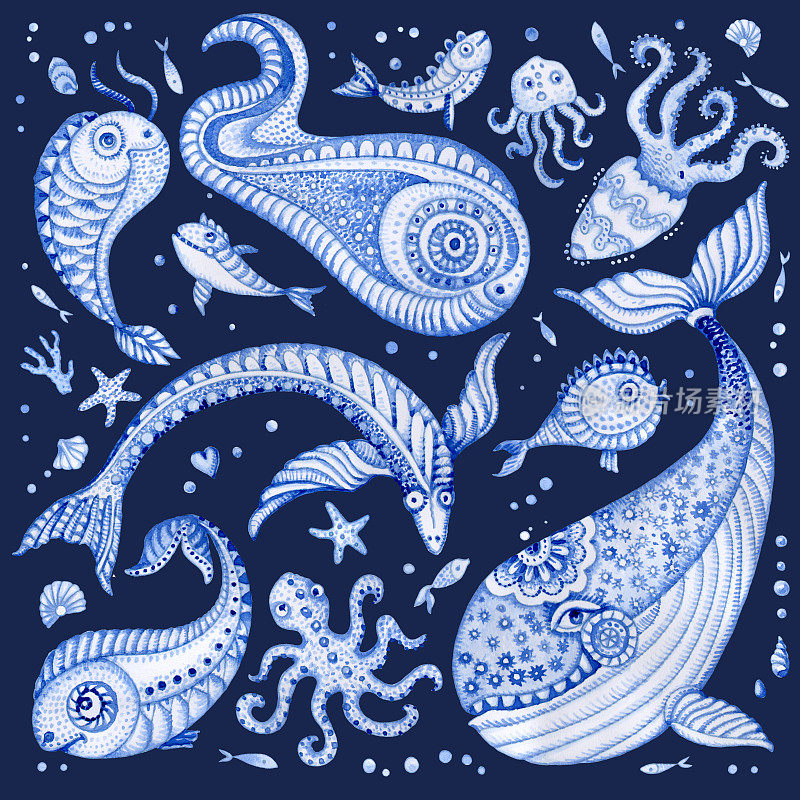 一套靛蓝手绘的童话海洋动物。水彩画幻想鱼，鲸鱼，珊瑚，贝壳，泡沫，孤立在深蓝色的背景。蜡染，t恤印花，书籍封面