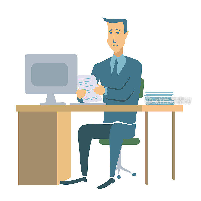 一个年轻的商人或办公室职员坐在桌子前对着电脑工作。人物插图，孤立在白色背景上。