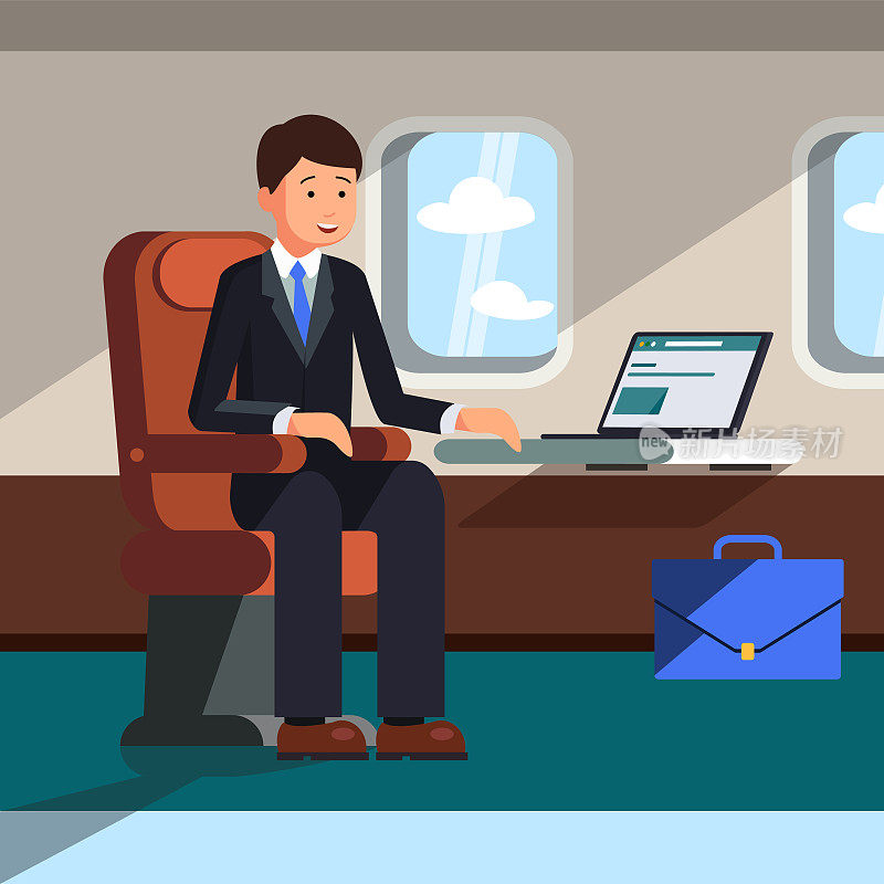 一个商人坐在飞机上，在笔记本电脑后面工作。矢量插图。