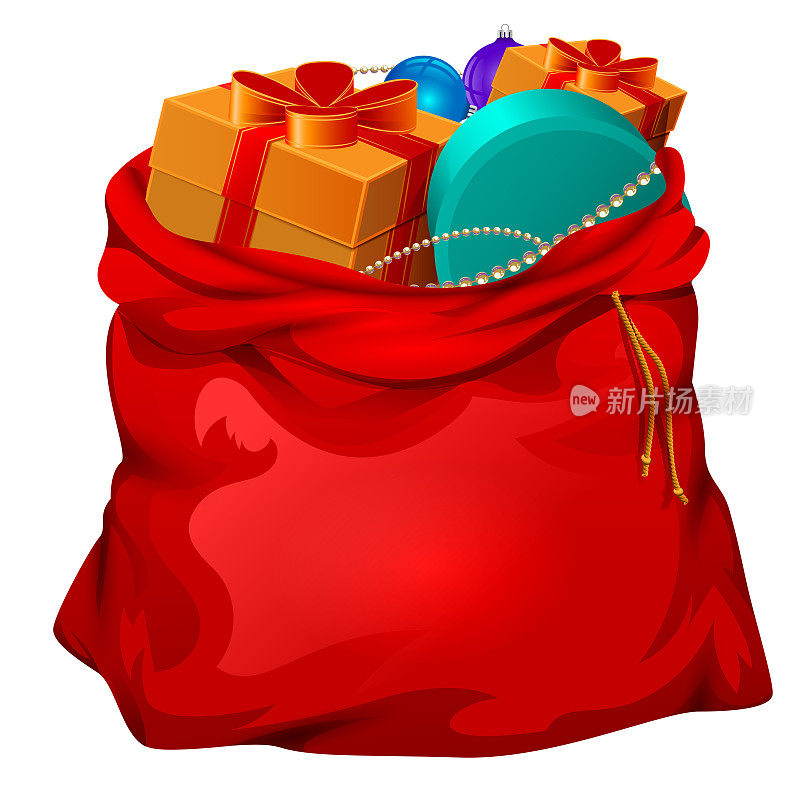 红色打开圣诞老人的包与礼物。圣诞配件