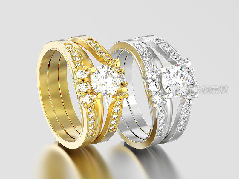 3D插图两个黄色和白色的金或银两个小腿装饰钻石戒指